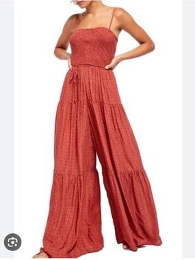 Free People Rust Red Smocked Wide-Leg Jumpsuit
